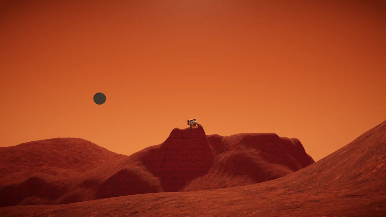 Mars Rally Championship in-game screenshot: free roam in daylight, the rally rover tiny on top of a steep rocky knoll among rolling red ridges, with one of Mars's two moons a dark disc in the orange sky.