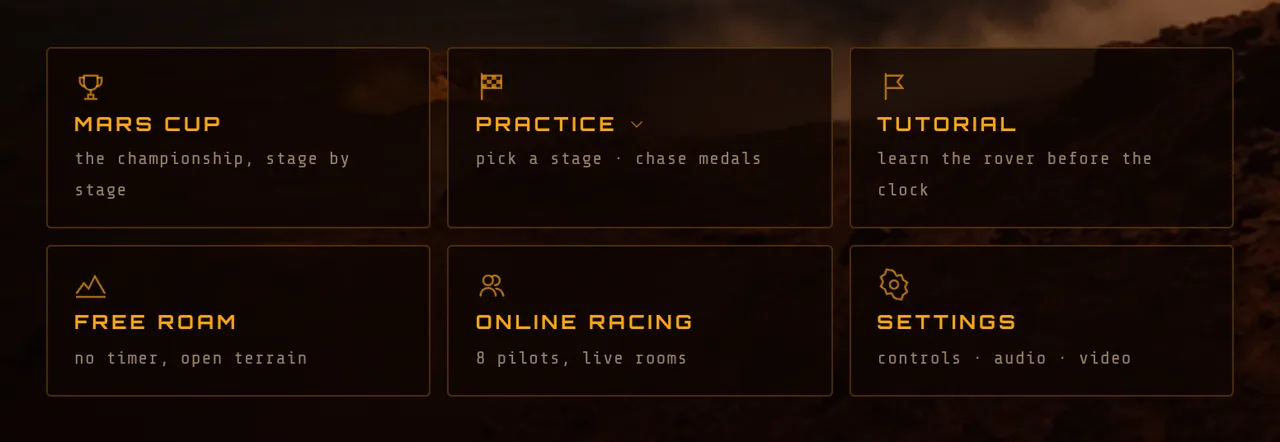 Mars Rally Championship site screenshot: the six mode tiles on the landing page over its dark panorama: Mars Cup, Practice, Tutorial, Free Roam, Online Racing and Settings, each with a one-line description.