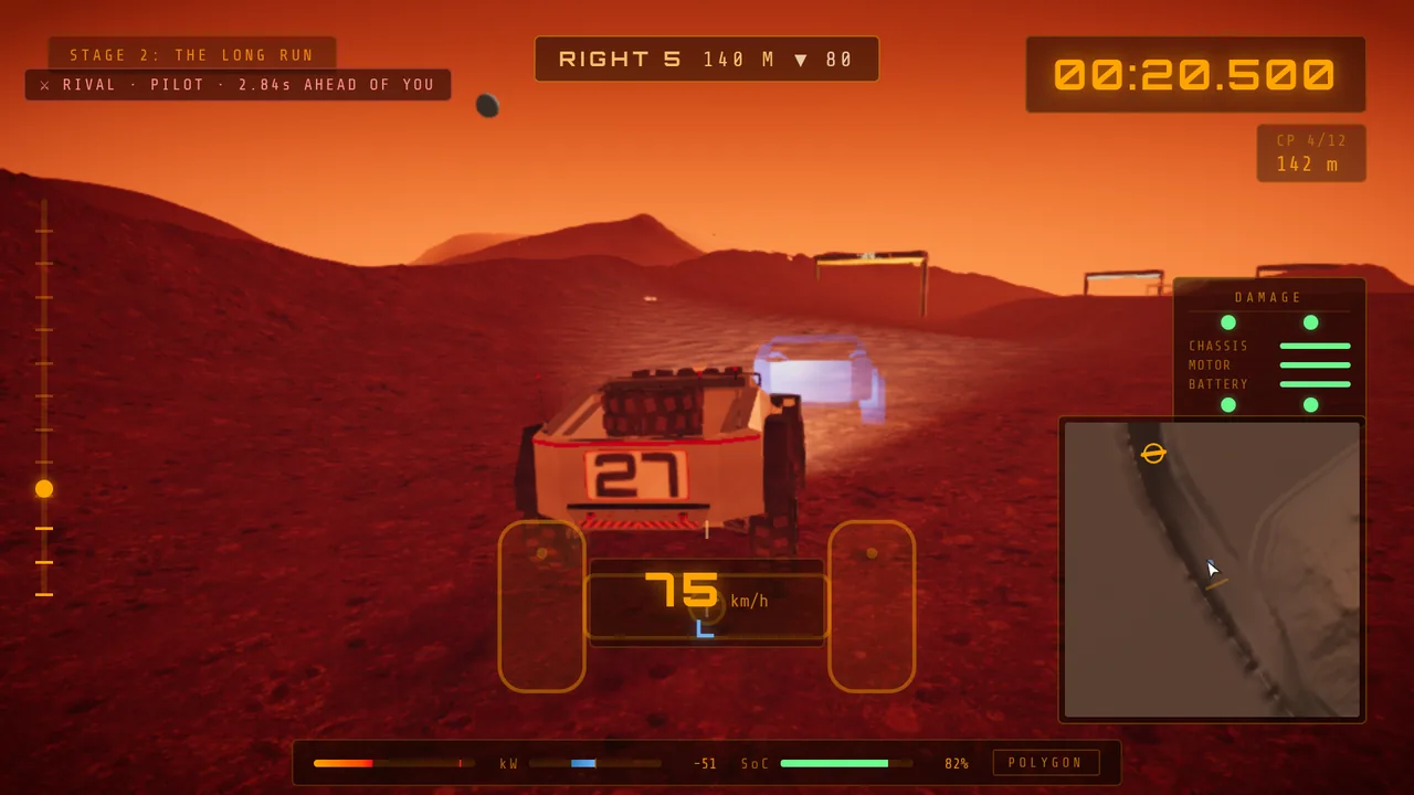Mars Rally Championship in-game screenshot: the rover chasing a translucent rival ghost down Stage 2 at sunrise, the HUD tag at top left reading RIVAL · PILOT · 2.84s AHEAD OF YOU