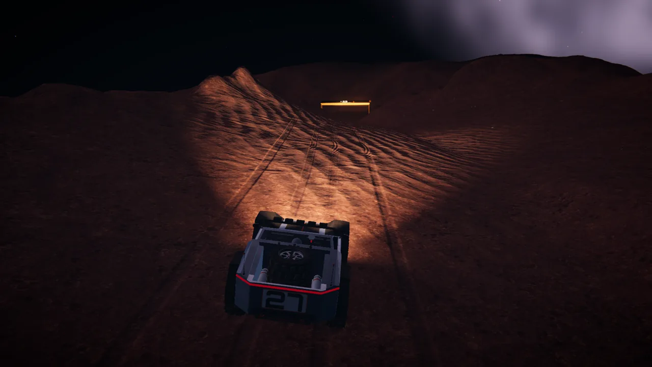 Mars Rally Championship in-game screenshot: Stage 1, The Eight, at night, the rally rover seen from above and behind just past the start gate, its light bars lighting the climb ahead, where the tire tracks of the board's two runs already lead up toward gate 2.