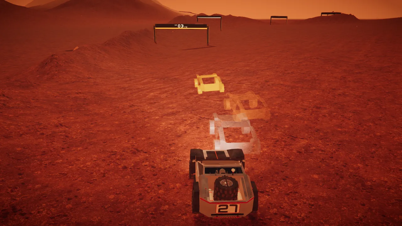 Mars Rally Championship in-game screenshot: Stage 2, The Long Run, in daylight, seen from behind the rally rover, with three translucent ghost rovers tinted gold, silver and bronze driving a few lengths ahead of it on the same stretch.