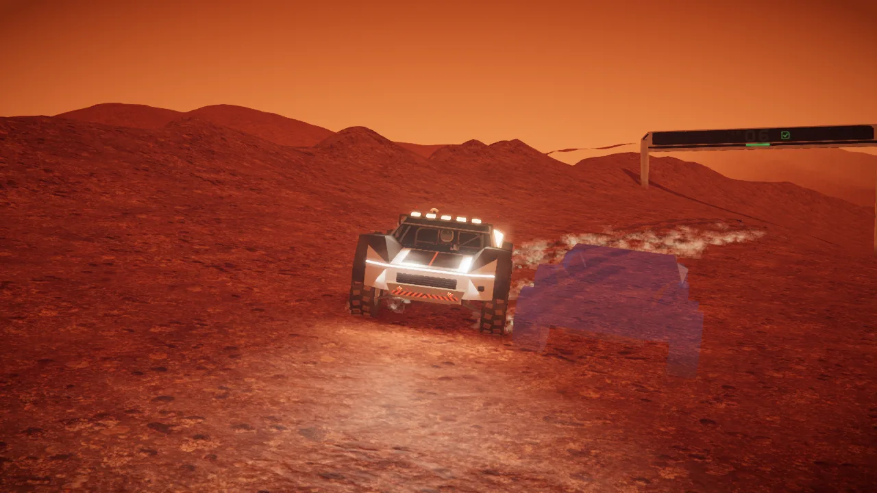 Mars Rally Championship in-game screenshot: the rover seen head-on with its lights on and a translucent blue ghost rover level beside it on Stage 2, The Long Run, a gate behind them
