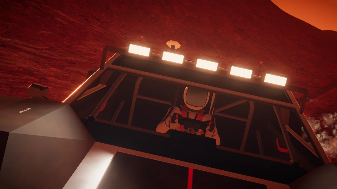 Mars Rally Championship in-game screenshot: the game's pilot in a white pressurized suit and copper visor at the rover's yoke, seen from outside through the windscreen