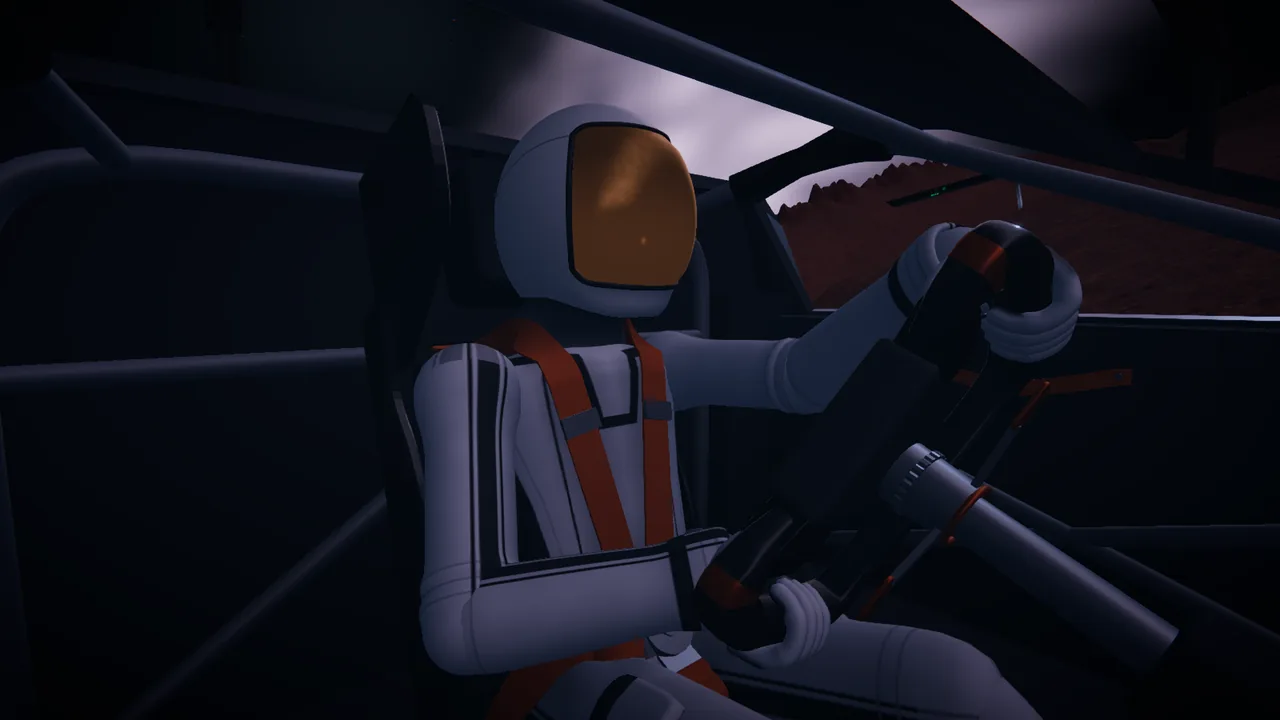 Mars Rally Championship in-game screenshot: the ONBOARD camera on the suited pilot at night on Stage 1, The Eight, his gloves turning the carbon yoke to the right against a left-hand slide, the dark slope and the Milky Way through the windscreen.