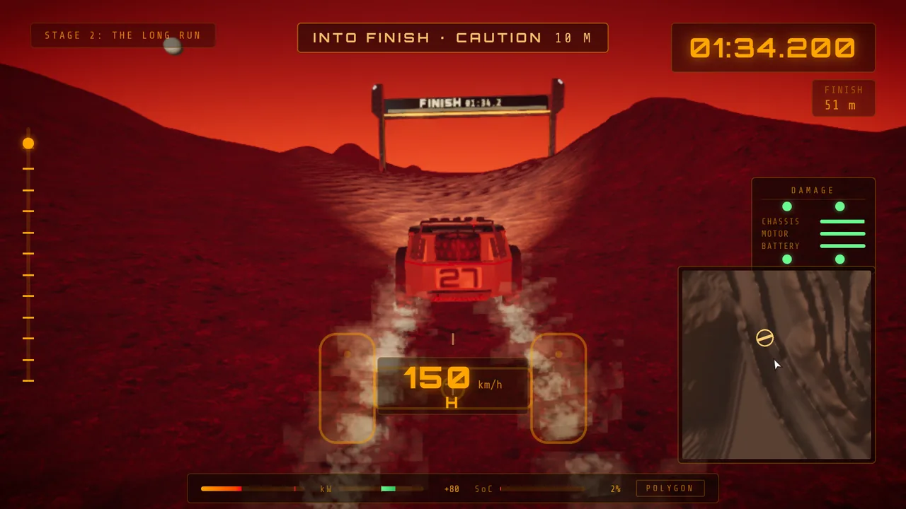 Mars Rally Championship in-game screenshot: the HUD speed readout at 150 km/h in top gear as the rover runs at the FINISH arch of Stage 2, The Long Run, at sunset