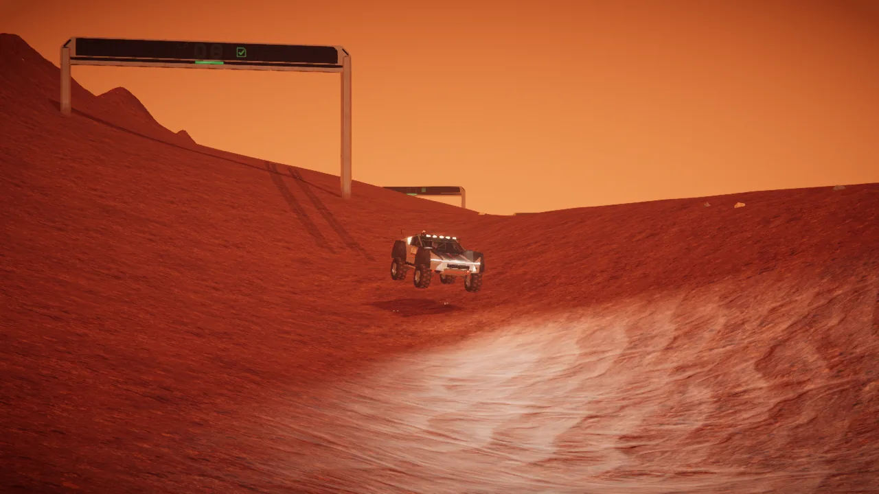 Mars Rally Championship in-game screenshot: the rally rover in the air over the drop after gate 7 on Stage 2, all four wheels off the ground and its shadow far below