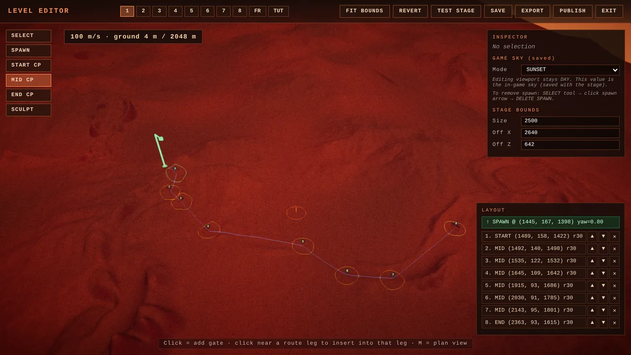 Mars Rally Championship in-game screenshot: the dev-only level editor on Stage 3 with the MID CP tool selected, the spawn arrow and numbered gate rings joined by route legs across the terrain, the gate list and inspector at right