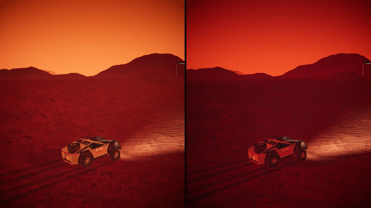Mars Rally Championship in-game screenshot: the same stretch of Stage 3 under the SUNRISE and SUNSET sky presets side by side, low light raking in from opposite sides
