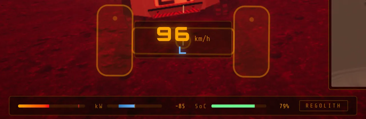 Mars Rally Championship in-game screenshot: a close crop of the HUD, the speed box at 96 km/h above the telemetry strip reading kW -85 and SoC 79% as the rover lifts off on Stage 2