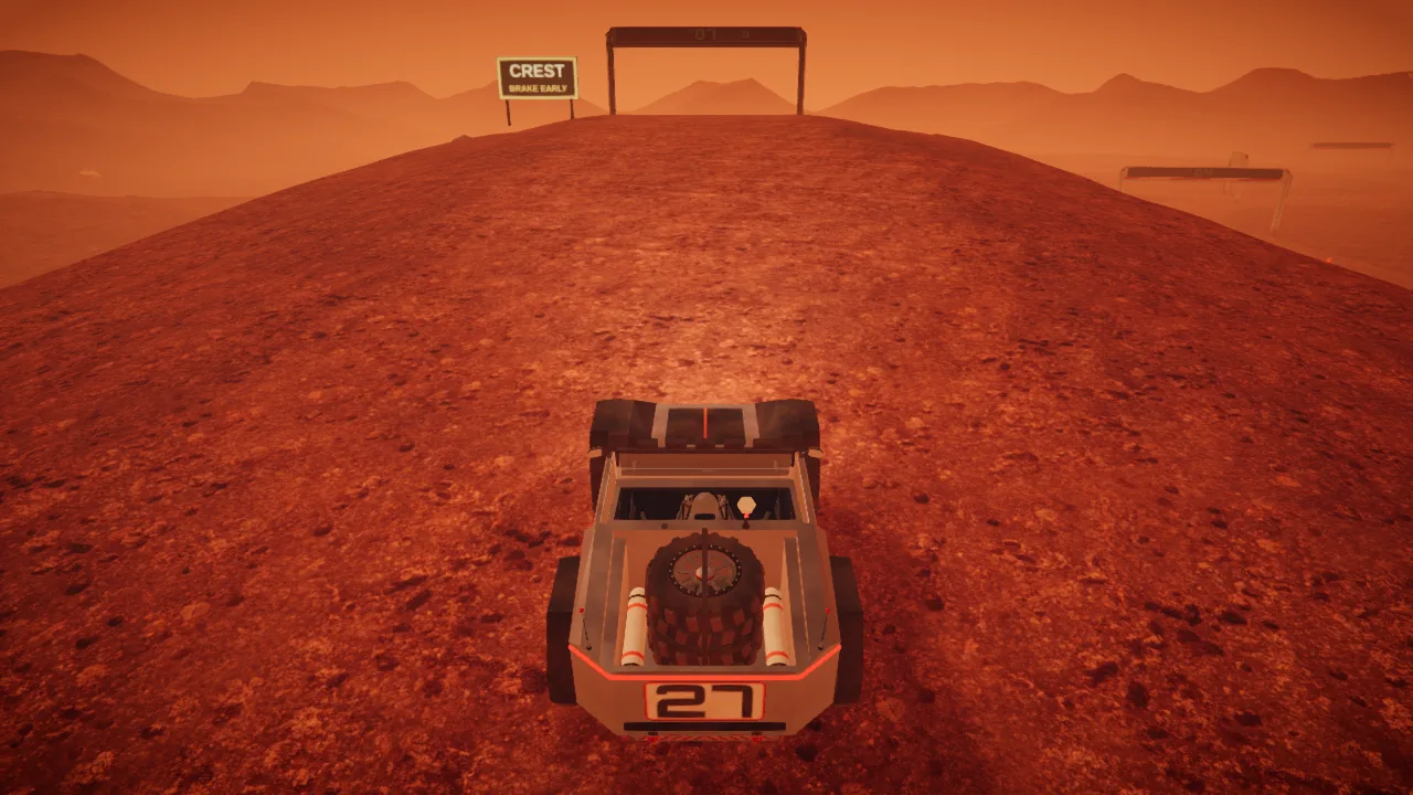 Mars Rally Championship in-game screenshot: the rover braking in a straight line on the Proving Ground climb, the CREST BRAKE EARLY board and a gate on the skyline, the road beyond the crest out of sight