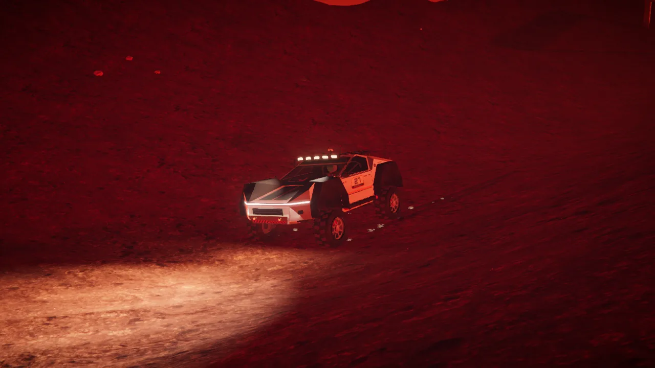 Mars Rally Championship in-game screenshot: the rover touching down flat and square after a flight, suspension compressing and regolith dust thrown up around the wheels.