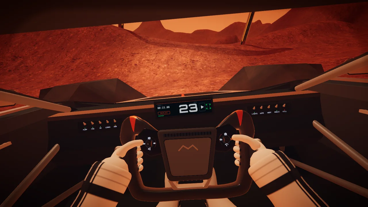 Mars Rally Championship in-game screenshot: HELMET view from the driver's seat, both gloved hands on the yoke, lit terrain ahead