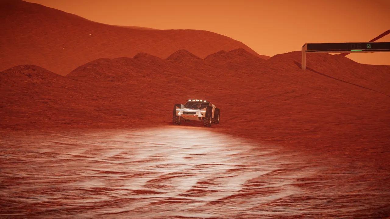 Mars Rally Championship in-game screenshot: the fictional pressurized rally rover at speed on Stage 2, The Long Run, in daylight, seen side-on from the TRACKSIDE replay camera
