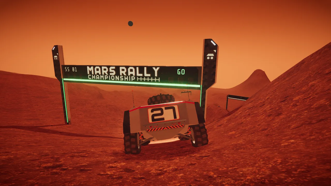 Mars Rally Championship in-game screenshot: the rally rover from behind, race number 27 on its tail, rolling under the Stage 1 start arch