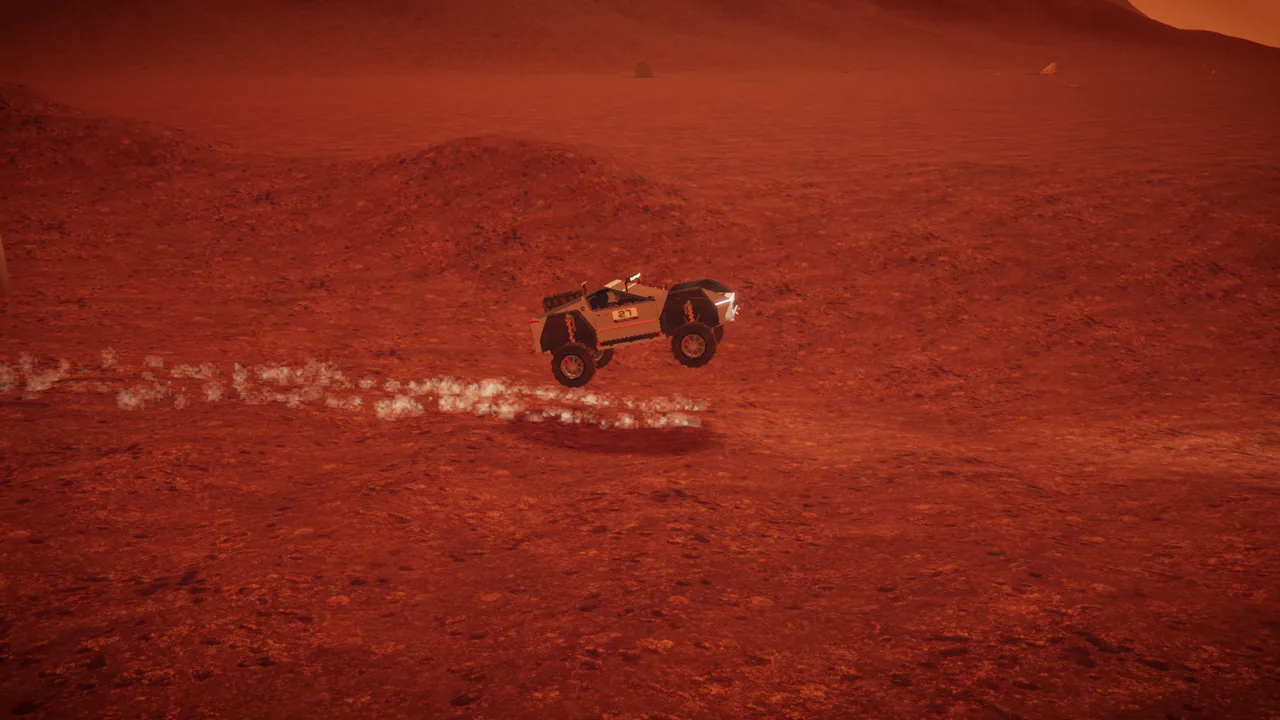 Mars Rally Championship in-game screenshot: the rally rover side on in the air over open ground on Stage 2 in daylight, its shadow on the ground well below the wheels and a trail of dust behind it where it took off.
