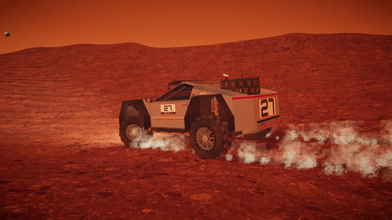 Mars Rally Championship in-game screenshot: the rally rover back on the ground on Stage 2 a second after the same crest, seen from behind and to the side, dust thrown up around its wheels at touchdown.
