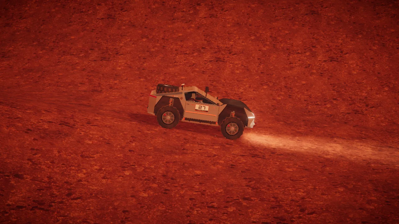 Mars Rally Championship in-game screenshot: a long-lens side view of the rally rover on Stage 3, all four wheels on the regolith and its headlights on the ground ahead