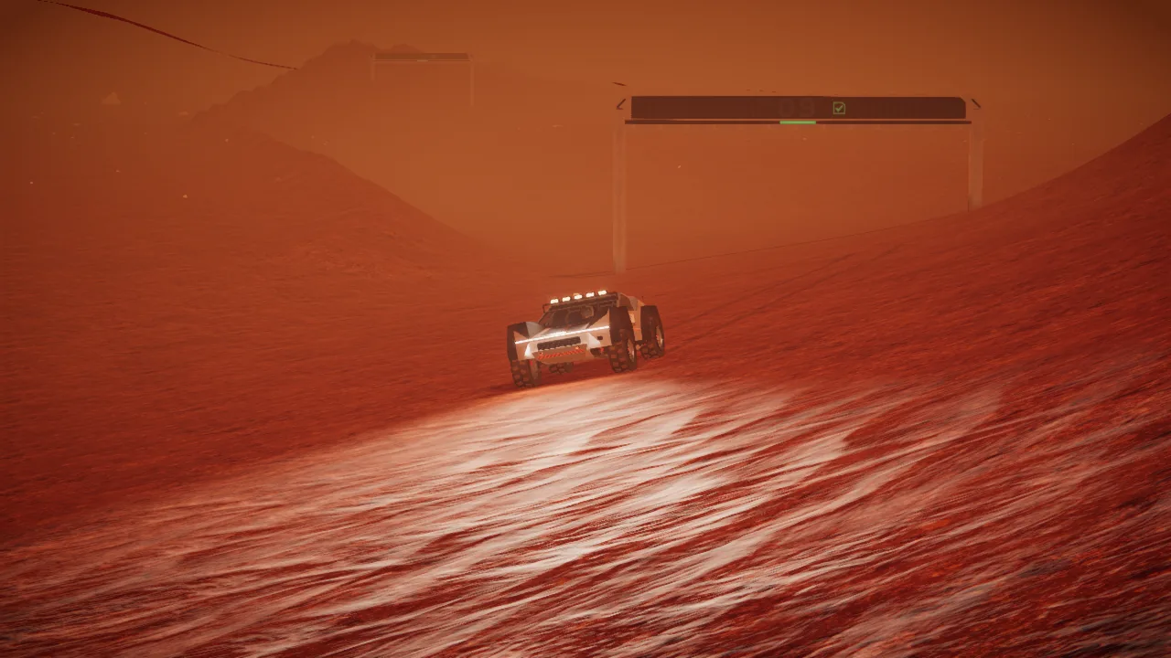 Mars Rally Championship in-game screenshot: the rally rover passing a trackside camera on Stage 2 in the storm variant, heavy brown haze hiding the ground beyond about 100 m and the next gate glowing through it