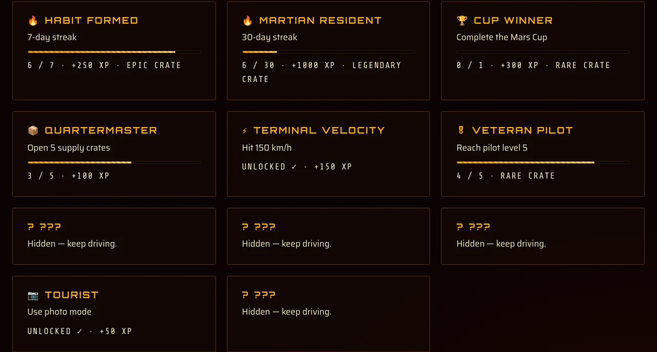 Mars Rally Championship site screenshot: part of the achievements board on the pilot dossier for a test profile, unlocked entries marked with ticks, others with progress bars, and hidden ones shown as question marks beside the unlocked TOURIST