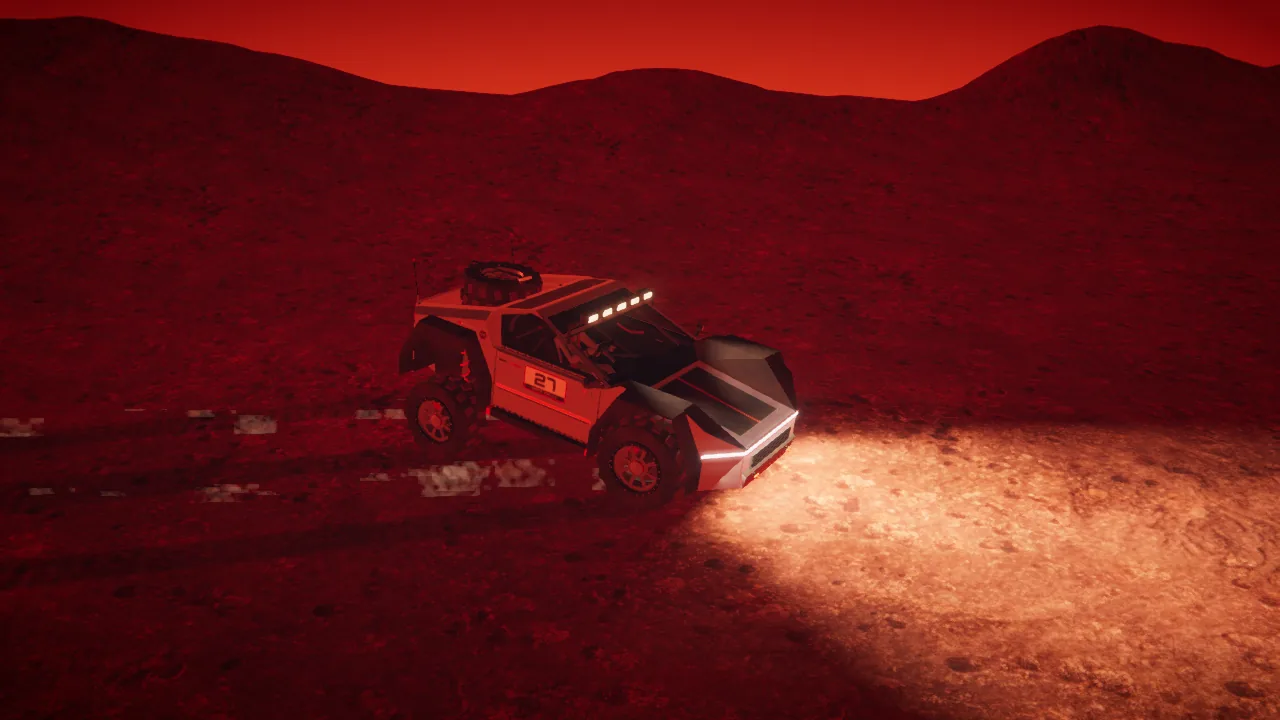 Mars Rally Championship in-game screenshot: the rally rover sliding sideways across open regolith at sunset, dust thrown up by its tyres and its headlights on the ground