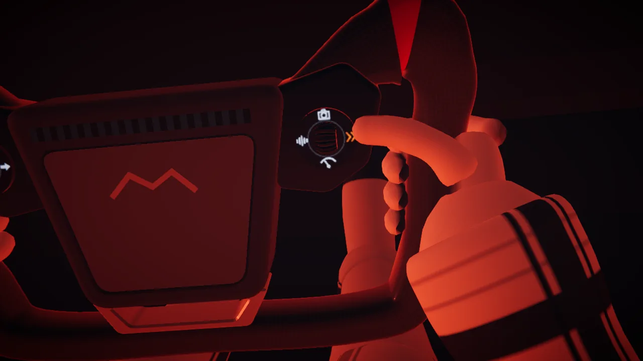 Mars Rally Championship in-game screenshot: close-up of the rover's yoke in the cabin, the gloved hand on its grip, the horn pad and the strip of 16 shift lights above it