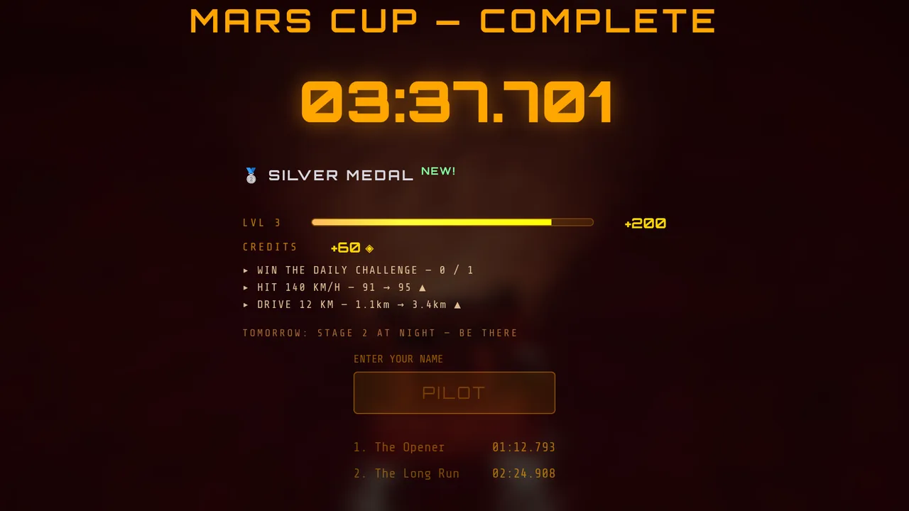 Mars Rally Championship in-game screenshot: the MARS CUP — COMPLETE screen after a test run, a cumulative time of 03:37.701 above the per-stage times, The Opener 01:12.793 and The Long Run 02:24.908