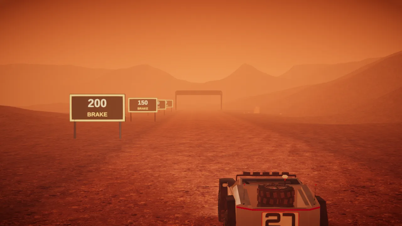 Mars Rally Championship in-game screenshot: the rover entering the Proving Ground's braking zone at speed, countdown boards reading 200 and 150 BRAKE beside the track with the 100 and 50 boards and the stop gate beyond