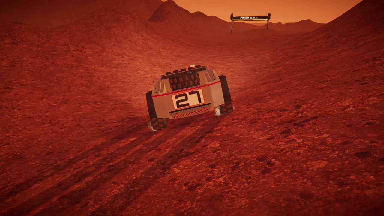Mars Rally Championship in-game screenshot: tire ruts with the tread pattern pressed into loose regolith behind the rally rover, low sun raking across them