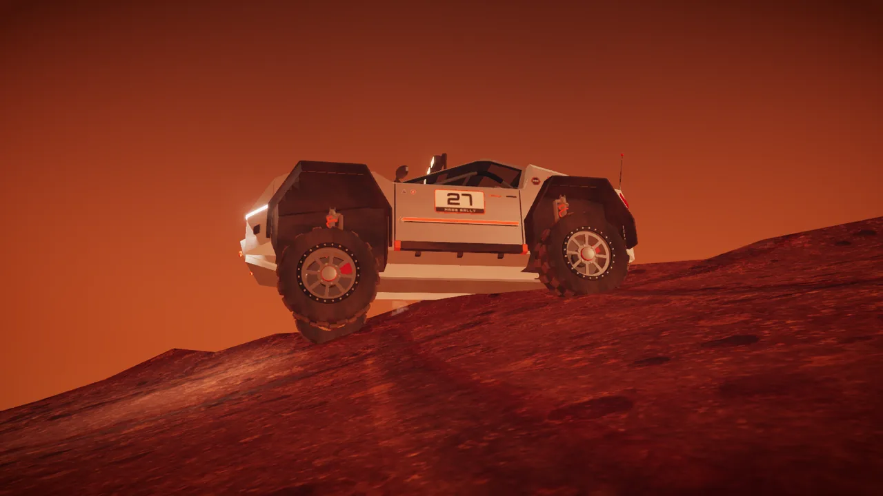 Mars Rally Championship in-game screenshot: the rally rover side on, crawling up rough ground in free roam, its front wheel hanging down into a dip on long suspension travel while the rear wheel presses into the slope.