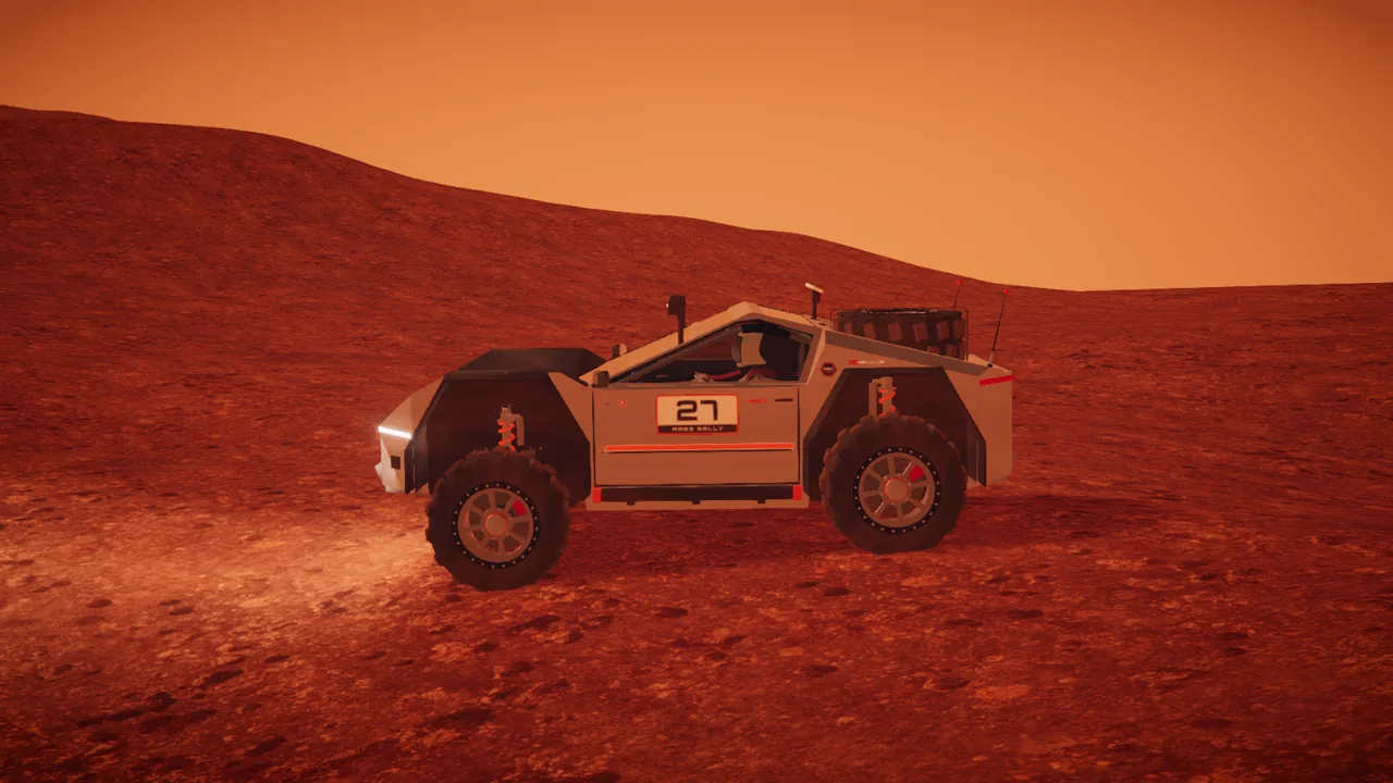 Mars Rally Championship in-game screenshot: the rally rover in side profile, race number 27 on its door, knobby tyres on big rims