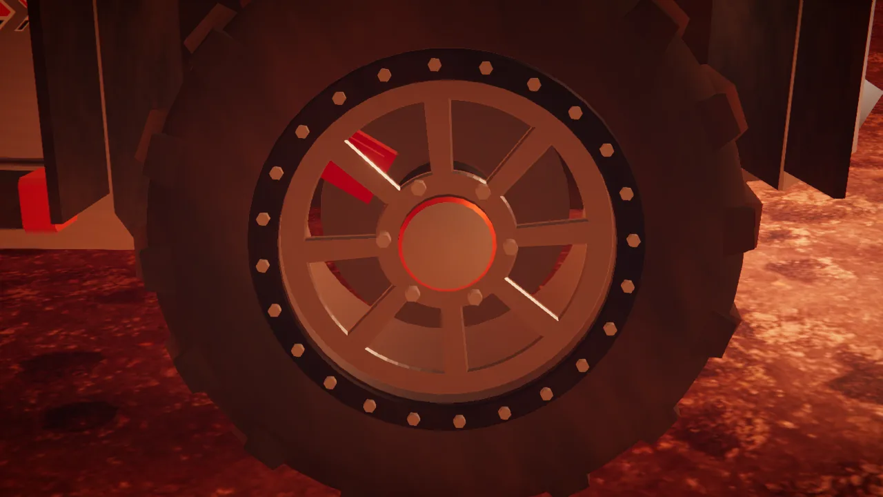 Mars Rally Championship in-game screenshot: close-up of the rally rover's front wheel, a knobby rubber tire on a beadlock rim with its bolt ring, brake caliper and dust