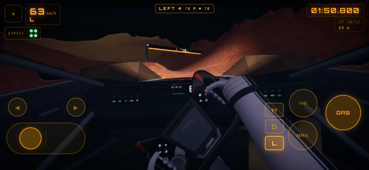 Mars Rally Championship in-game screenshot: the game on a phone held sideways, at night on Stage 1, The Eight, seen from the pilot's helmet, the gloves turning the yoke left and the light bar lighting the regolith toward the next gate; along the bottom the touch overlay, its steering-track thumb part-way to the left and GAS held.