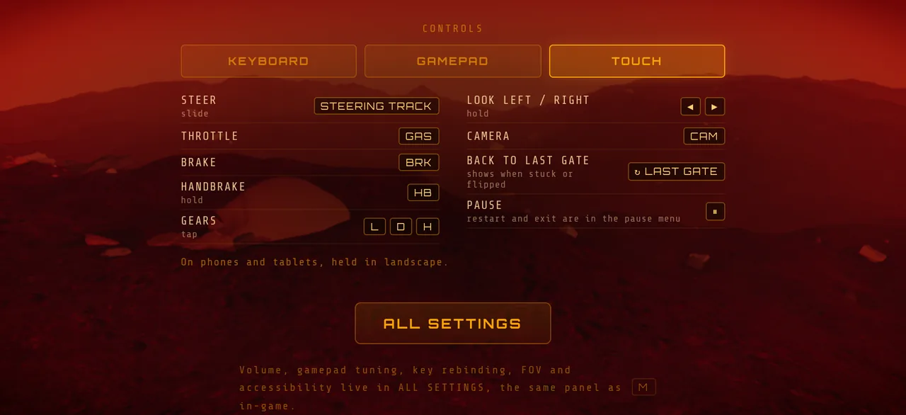 Mars Rally Championship in-game screenshot: the settings screen on a phone held sideways, its controls list open on the TOUCH tab: the steering track, GAS, BRK, HB, gears L, D and H, look left and right, CAM, back to the last gate and pause, each named as it reads on screen.