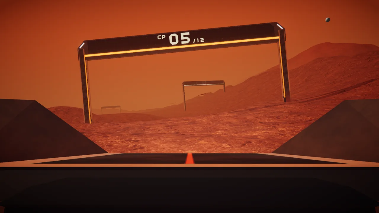 Mars Rally Championship in-game screenshot: the DASH camera view over the rover's nose on a Stage 2 storm run, checkpoint 5 of 12 lit overhead and the next gate fading into the orange-brown haze beyond.