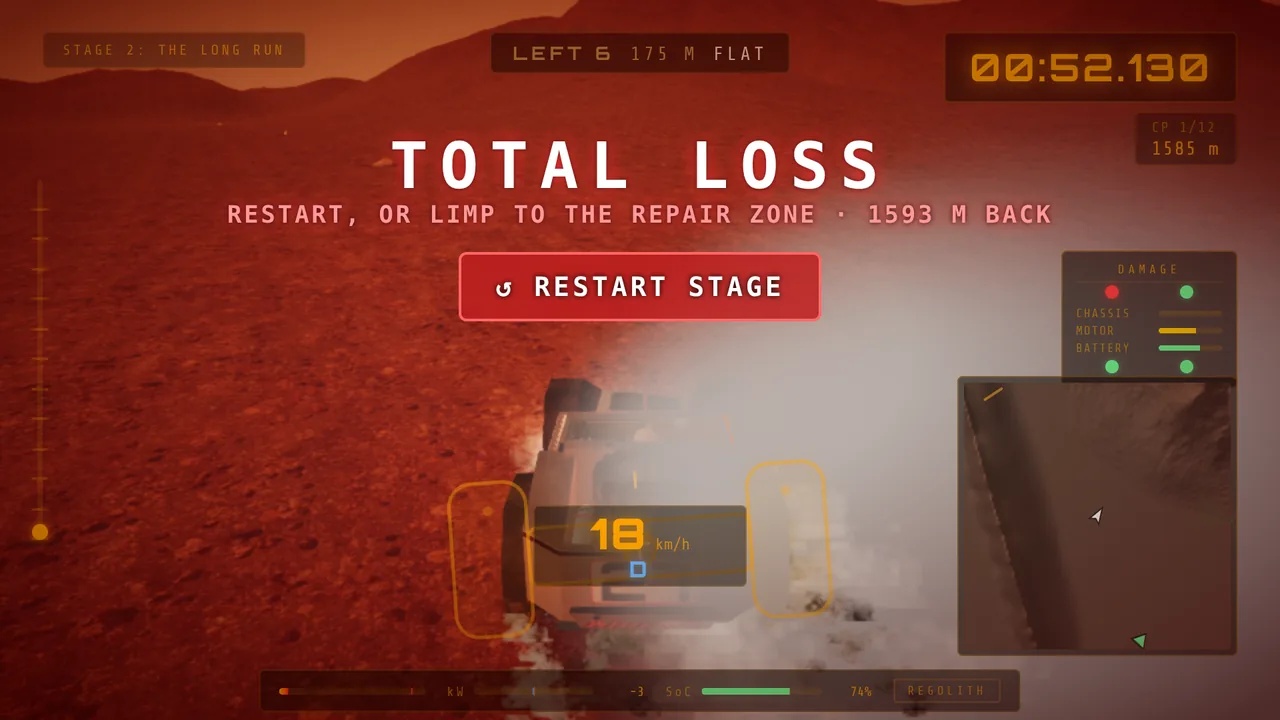 Mars Rally Championship in-game screenshot: the TOTAL LOSS banner over a smoking rover on Stage 2, reading restart, or limp to the repair zone, 1593 m back, above a RESTART STAGE button, with the damage panel's chassis bar empty.