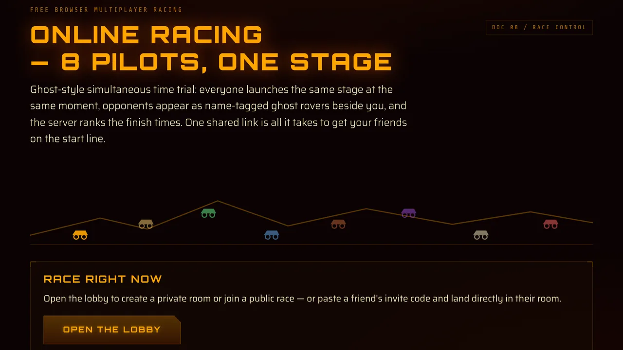 Mars Rally Championship site screenshot: the top of the site's multiplayer page under the heading Online Racing, 8 Pilots, One Stage, its intro on ghost-style rooms, a strip of eight rovers and the OPEN THE LOBBY button.