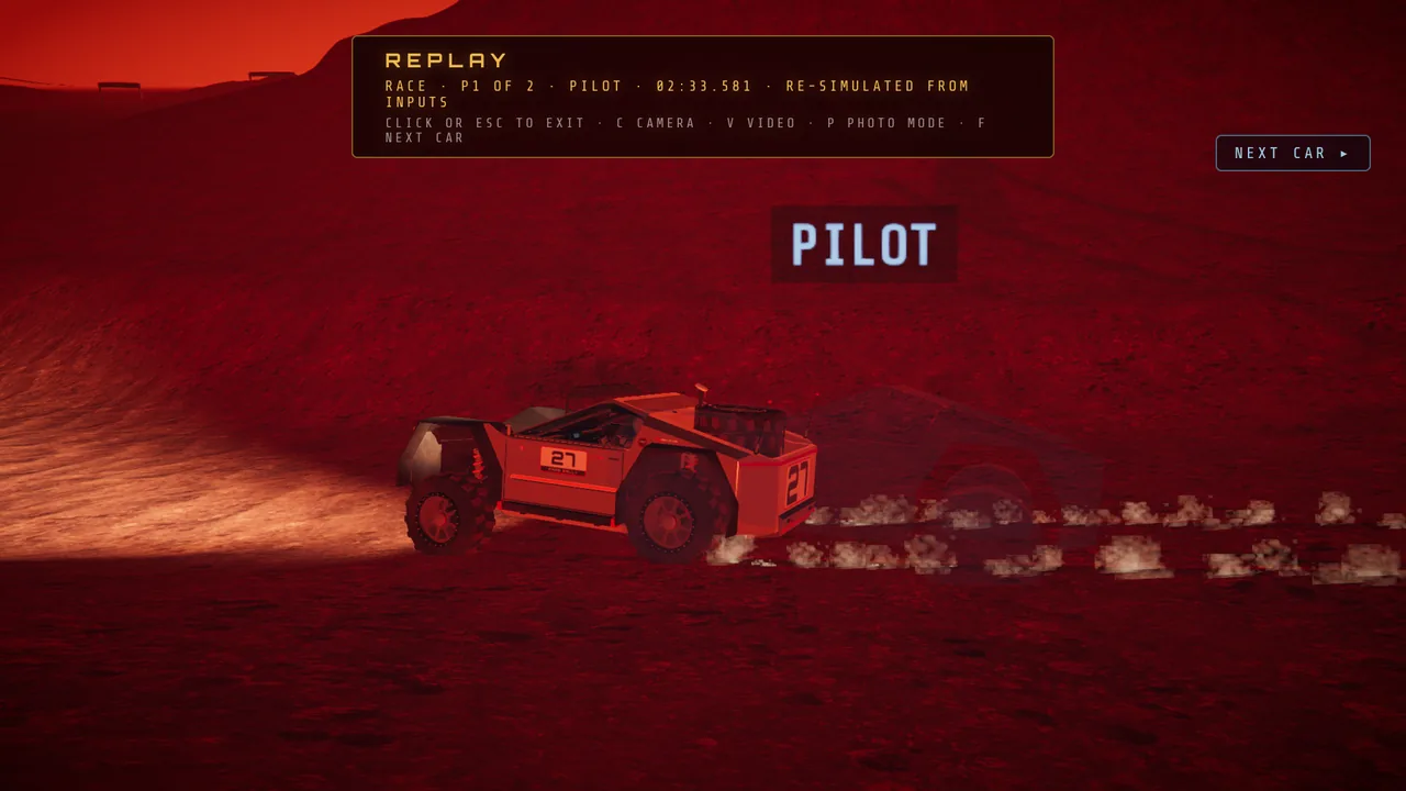 Mars Rally Championship in-game screenshot: a whole online race on Stage 2, The Long Run, played back seconds after the start, the followed rover and a translucent rival rover tagged PILOT overlapping, the rival's nose inside the followed rover's tail, with no contact between them.