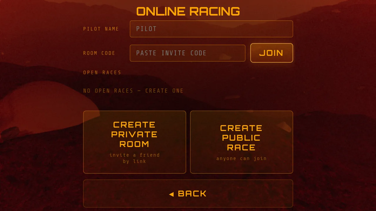 Mars Rally Championship in-game screenshot: the ONLINE RACING lobby with its OPEN RACES list reading NO OPEN RACES — CREATE ONE, a room-code field with JOIN above and CREATE PRIVATE ROOM and CREATE PUBLIC RACE below