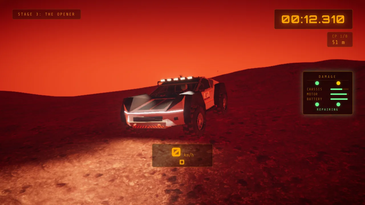 Mars Rally Championship in-game screenshot: the rally rover stopped at the start of Stage 3, The Opener, at sunset, back in the repair zone after hitting a rock, its DAMAGE panel glowing green and reading REPAIRING as the chassis bar refills, one suspension corner still yellow and the speed reading 0 km/h.