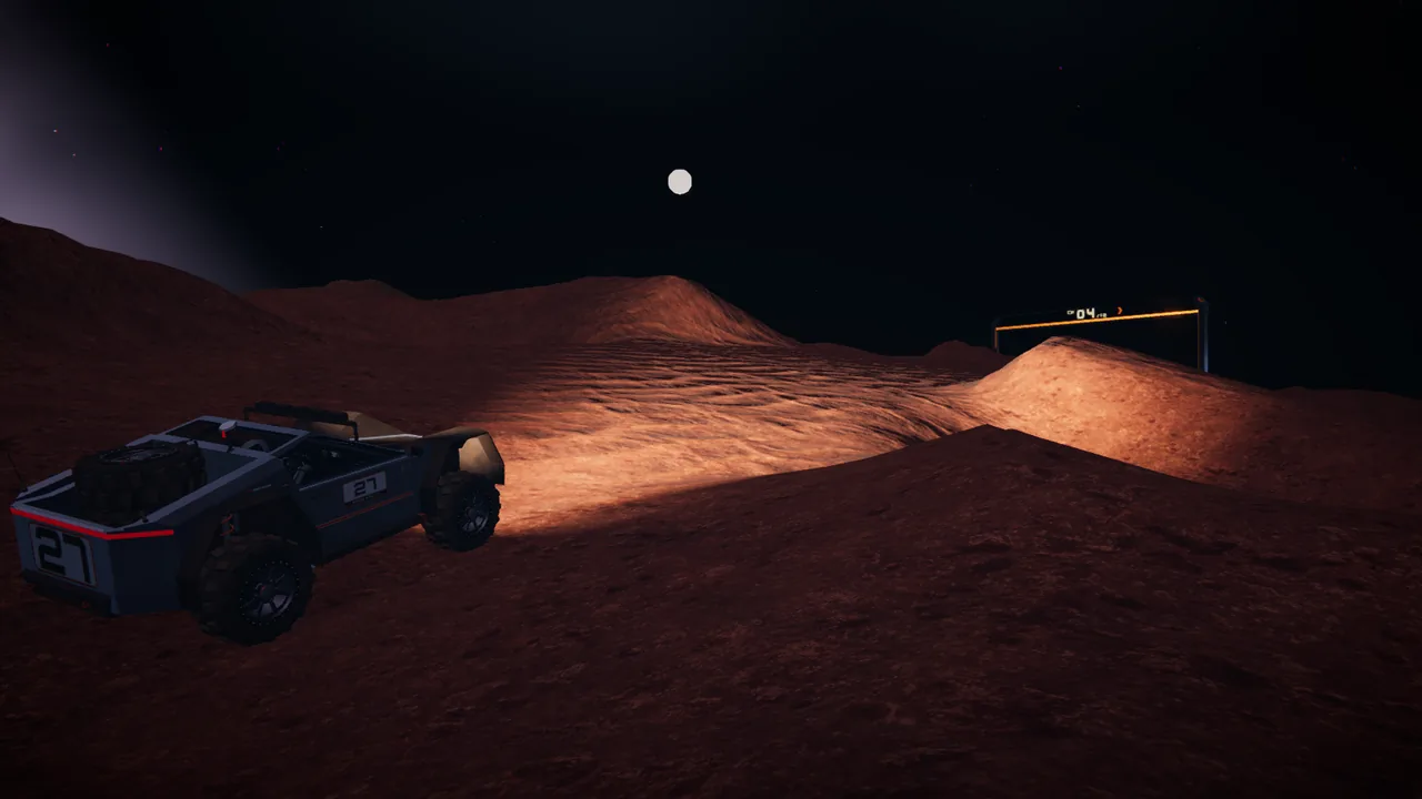 Mars Rally Championship in-game screenshot: Stage 1, The Eight, at night, the rally rover seen low from behind its left flank as it climbs the last rise to gate 4, its light bars washing over rippled loose regolith toward the lit gate on the crest, under a starry sky with a moon.