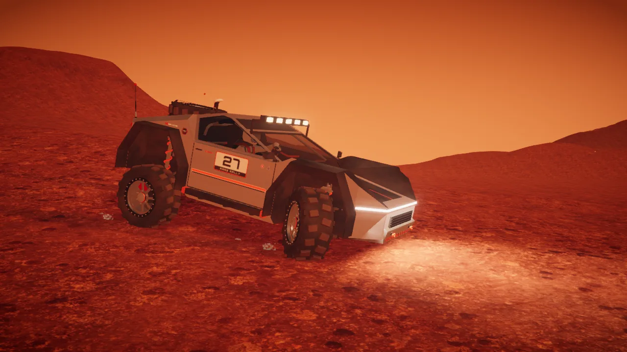 Mars Rally Championship in-game screenshot: the rover cornering hard on a Mars stage, body rolled toward the outside wheels, whose suspension is visibly compressed.