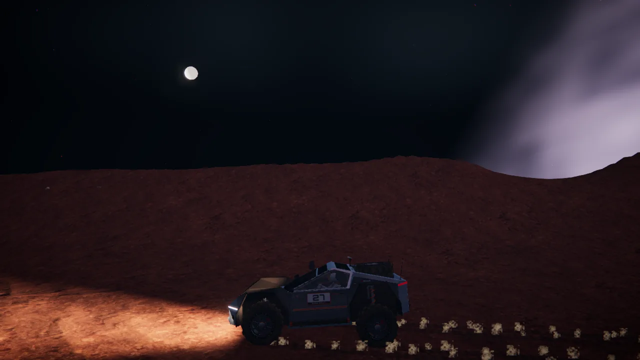 Mars Rally Championship in-game screenshot: the rally rover on Stage 2 at night, its headlights on the regolith, Phobos high in a dark sky and the Milky Way rising over the ridge