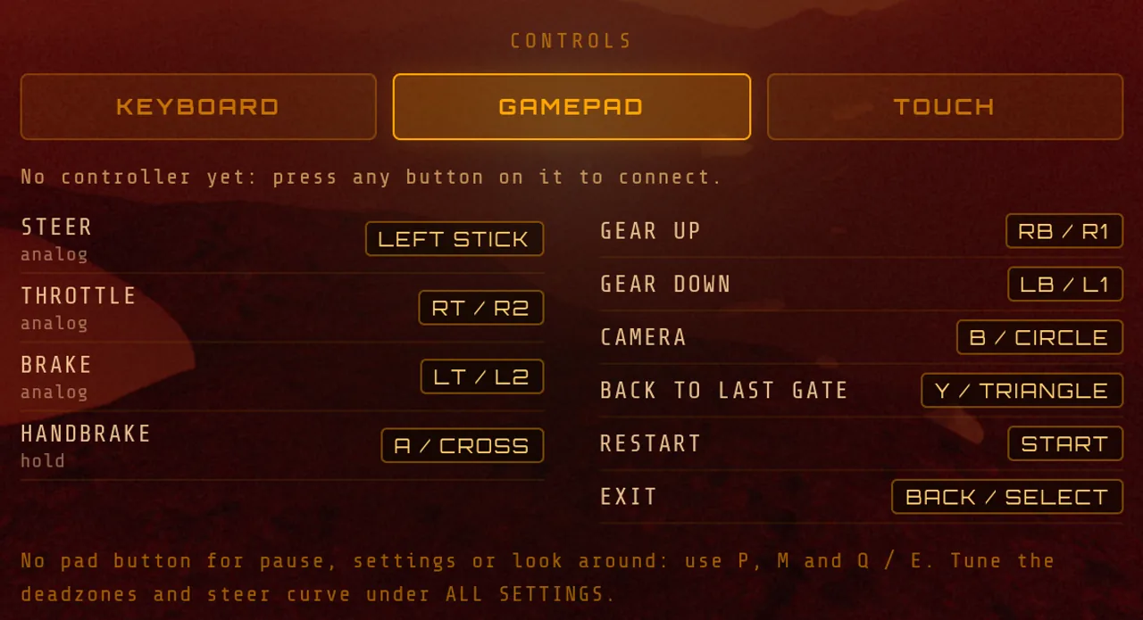Mars Rally Championship in-game screenshot: the CONTROLS block of the settings screen on its GAMEPAD tab, the status line reading No controller yet: press any button on it to connect, above the pad's button list