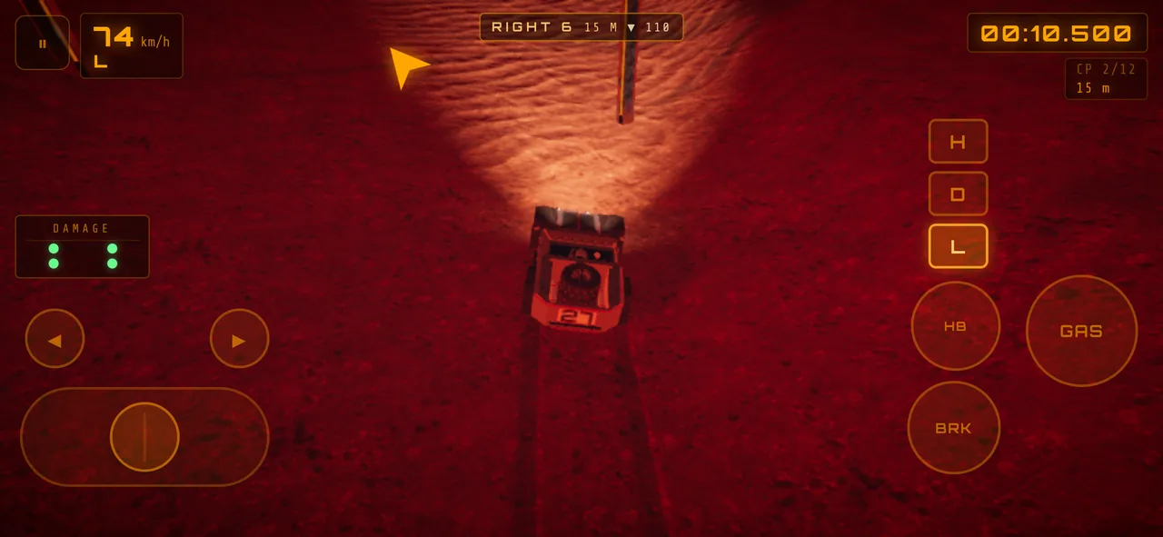 Mars Rally Championship in-game screenshot: the game on a phone held sideways, the touch overlay showing a steering track and look buttons at left, gear buttons H, D and L, HB, GAS and BRK at right, and the pause button in the top-left corner