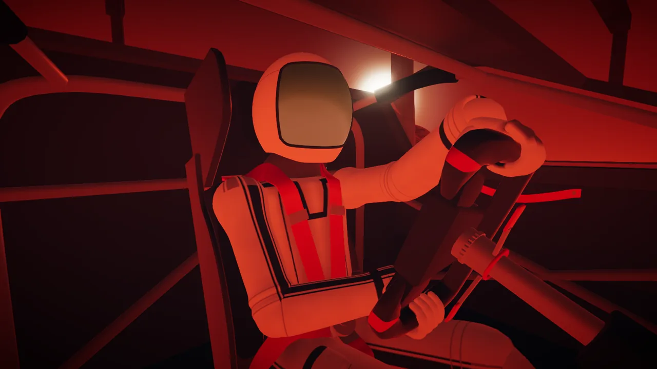 Mars Rally Championship in-game screenshot: ONBOARD view back at the pilot in a white pressurized suit and copper visor, gloves on the yoke