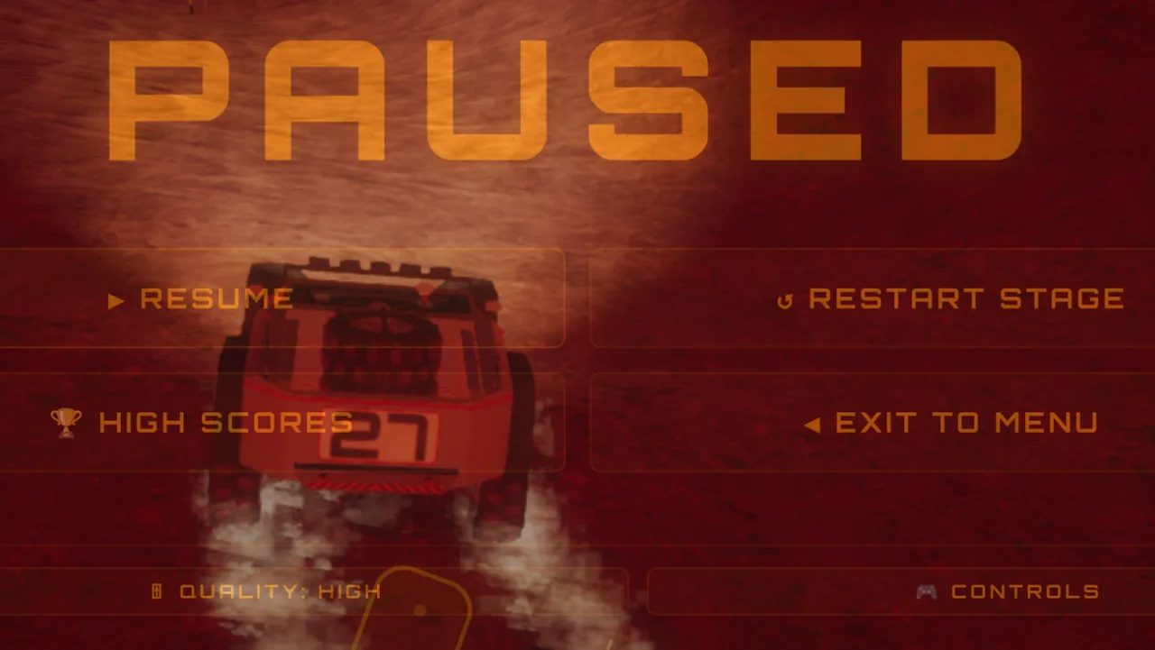 Mars Rally Championship in-game screenshot: the pause menu with its QUALITY button under SETTINGS, the control that steps the graphics from HIGH to MEDIUM to LOW.