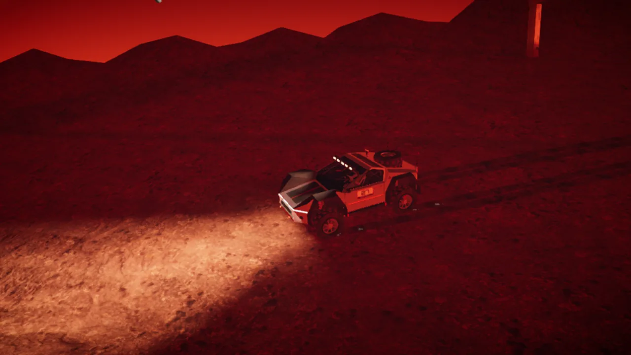 Mars Rally Championship in-game screenshot: Stage 2, The Long Run, in a 1366 by 768 window on the LOW preset, the scene drawn at 0.75 scale and stretched to fit.