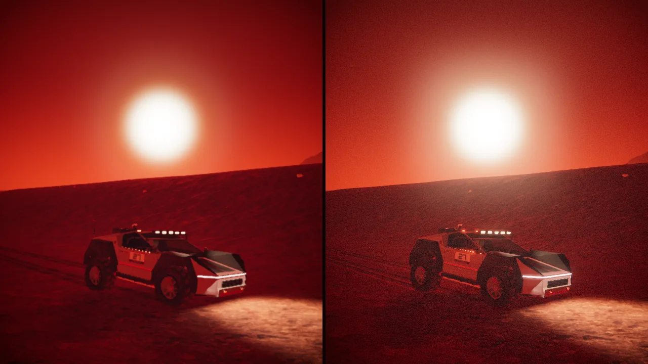 Mars Rally Championship in-game screenshot: the same replay frame rendered on the LOW preset on the left and the HIGH preset on the right, from two separate page loads.