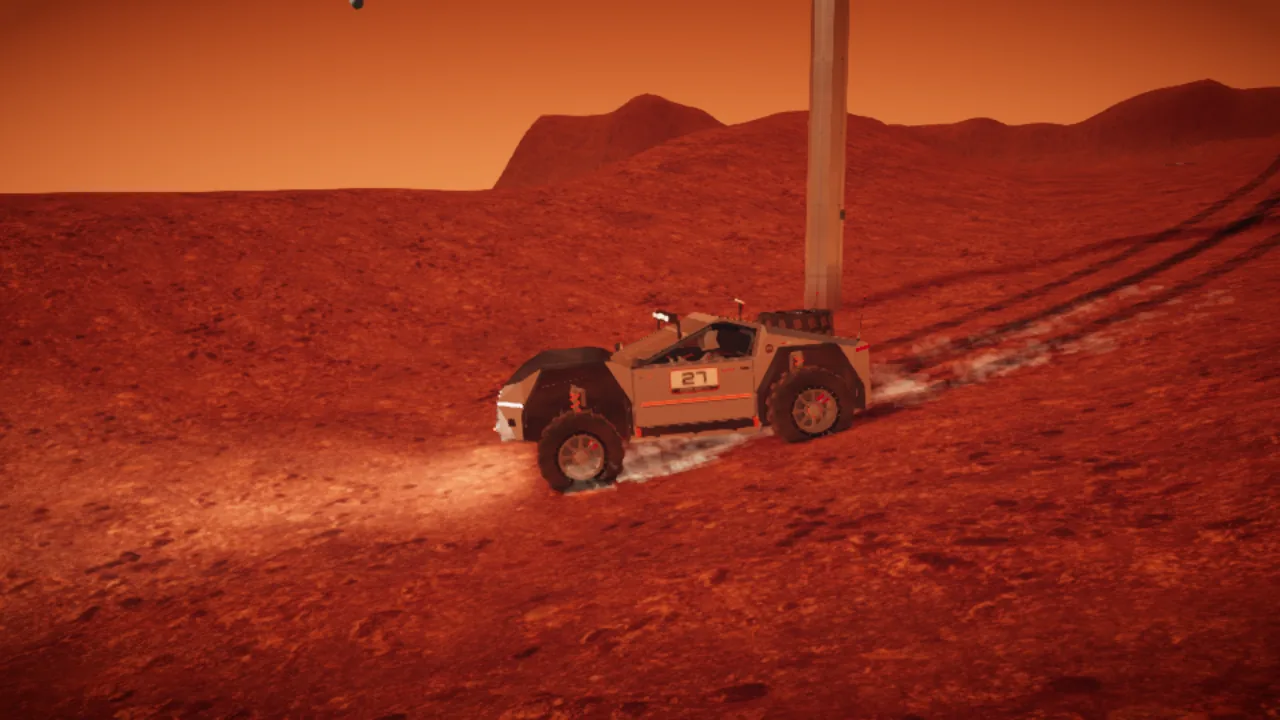 Mars Rally Championship in-game screenshot: Stage 3 under the daily challenge’s DAY sky on the LOW preset, in a 1280 by 720 window drawn at 960 by 540.