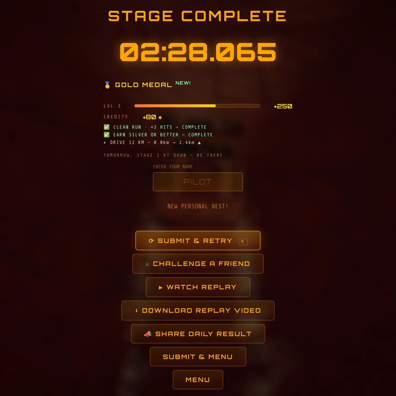 Mars Rally Championship in-game screenshot: the results screen after a daily challenge run on Stage 1, The Eight, at sunrise: the finish time and medal, the XP and credits earned, the day's quest progress, a line naming tomorrow's stage and sky, and buttons to submit and retry and to share the daily result.